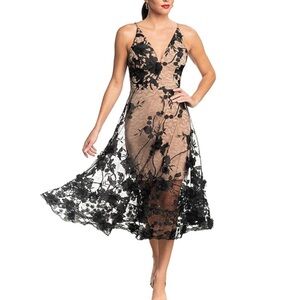 🎉On Sale Gorgeous 3D black nude mesh-lace midi dress with spaghetti strap -Sz XL